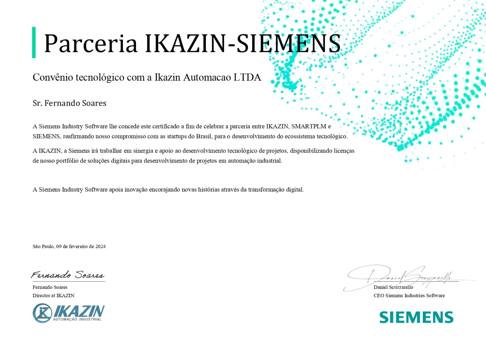 Certificado Siemens Ikazin - Convênio Tecnológico